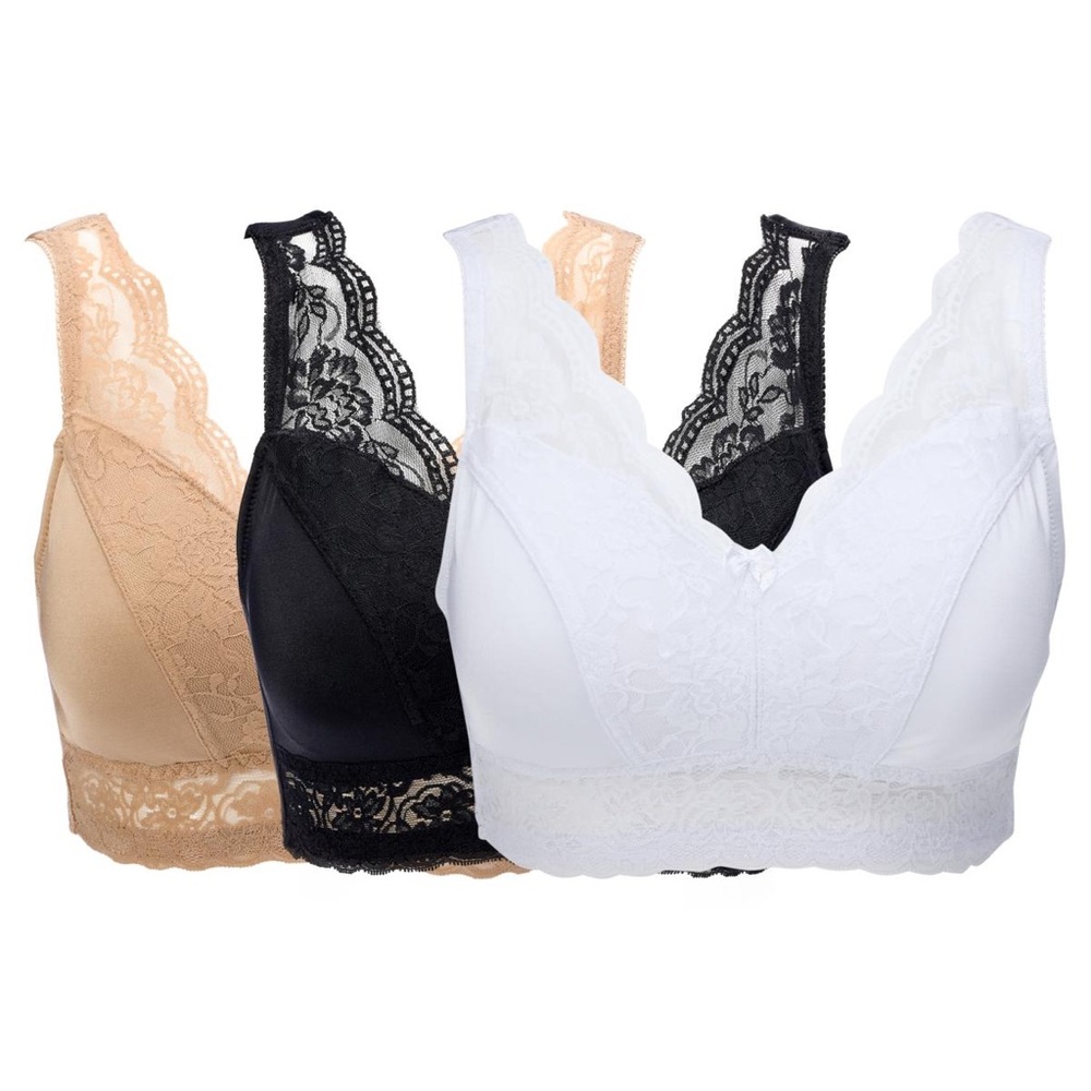 Rhonda Shear Lace Wireless Bras- Black, tan and white.